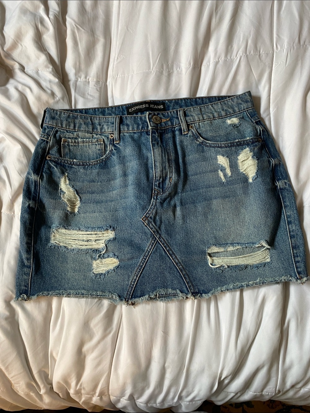 Express Distressed Denim Mini Skirt - Blue Wash
